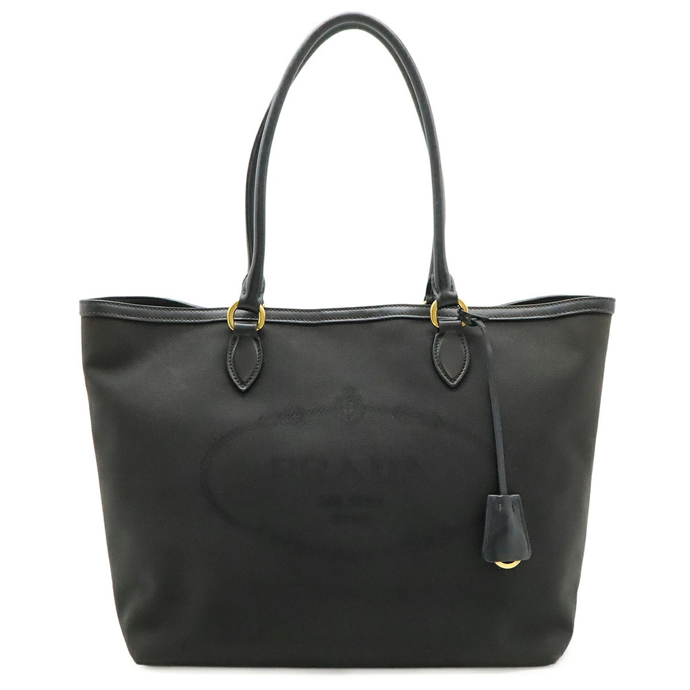Prada jacquard tote bag shoulder canvas leather NERO black